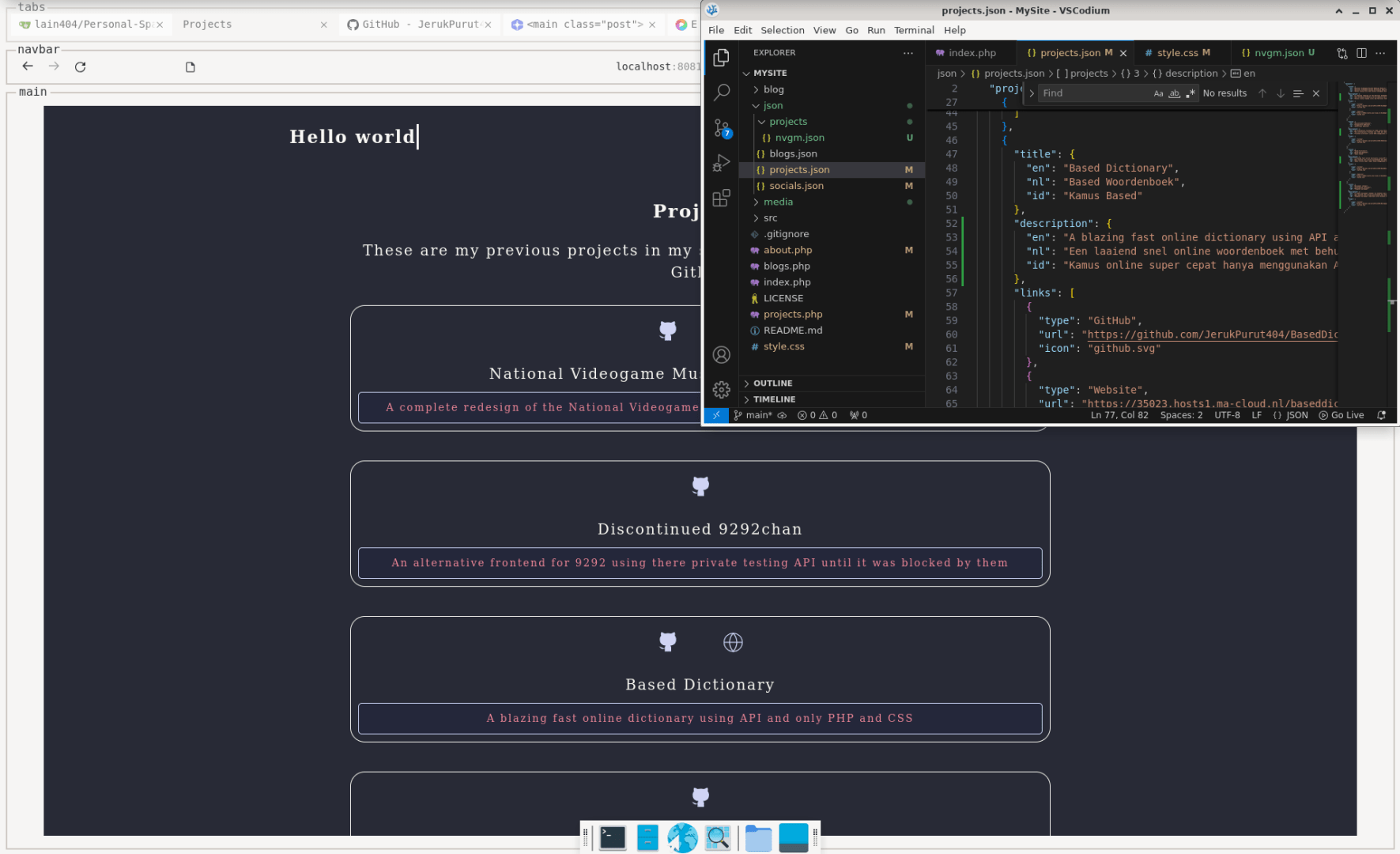 A screenshot of a Desktop with a website and a window with Visual Studio Code